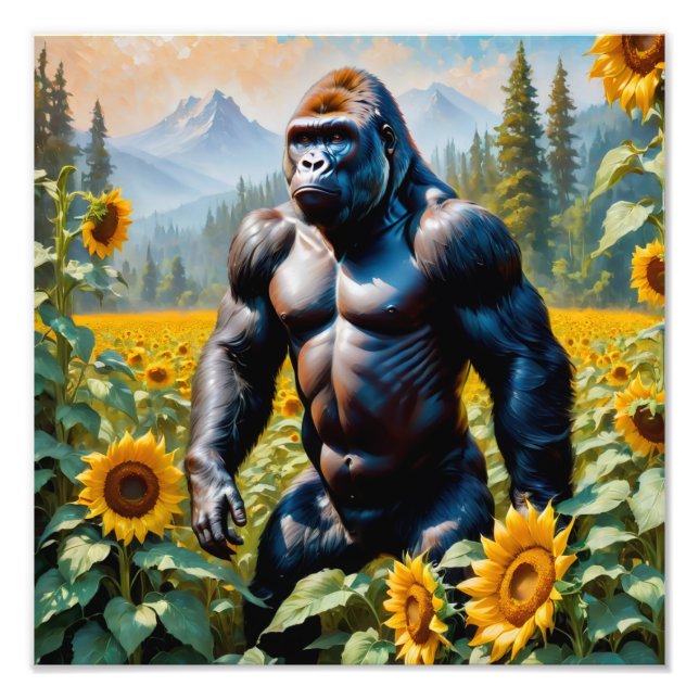 Gorilla Ape i Fält av solros Fototryck (Framsidan)