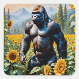 Gorilla Ape i Fält av solros Fyrkantigt Klistermärke