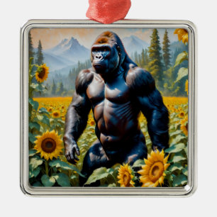 Gorilla Ape i Fält av solros Julgransprydnad Metall