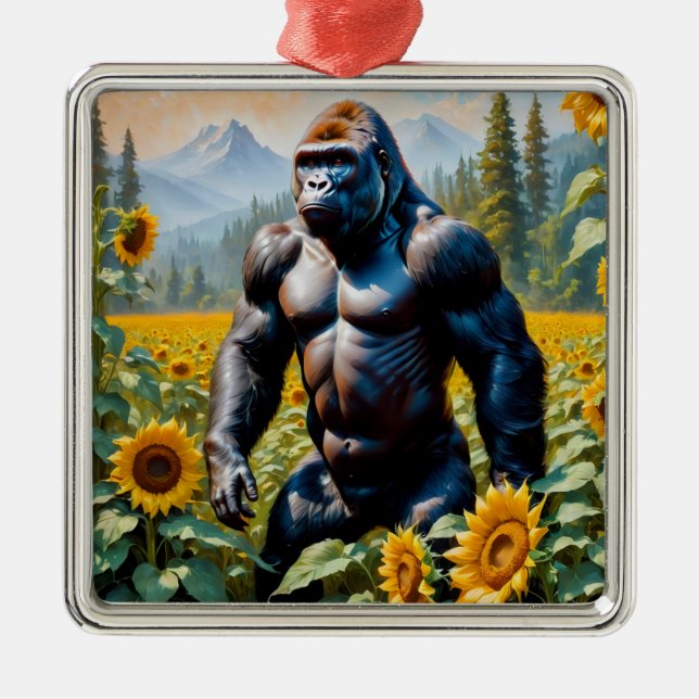 Gorilla Ape i Fält av solros Julgransprydnad Metall (Framsidan)