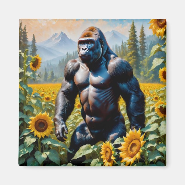 Gorilla Ape i Fält av solros Magnet (Framsidan)