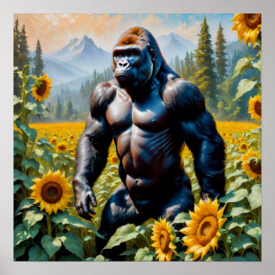 Gorilla Ape i Fält av solros Poster