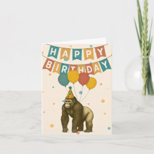 Gorilla Birthday Card - Lönt djur med ballonger Kort