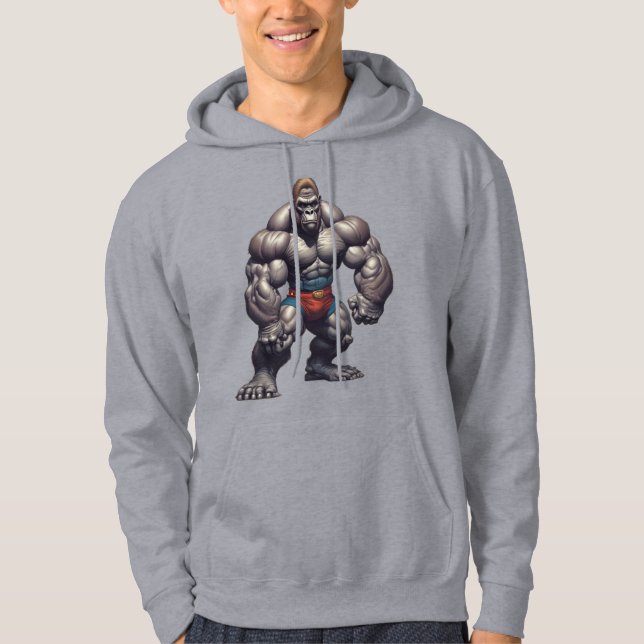 Gorilla Bodybuilder Pop Art Cartoon Drawing Hoodie (Framsida)