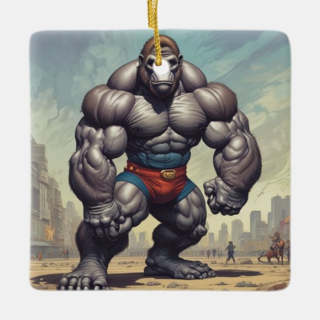 Gorilla BodyBuilder Pop Art Tecknad Teckning Julgransprydnad Keramik (Framsida)