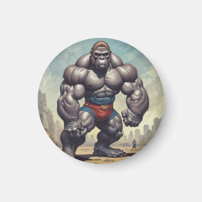 Gorilla BodyBuilder Pop Art Tecknad Teckning Magnet (Framsidan)