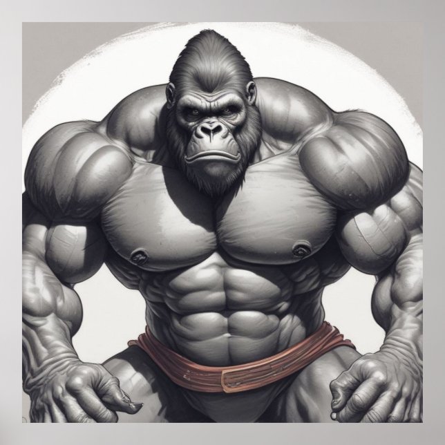 Gorilla BodyBuilder Pop Art Tecknad Teckning Poster (Framsidan)