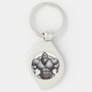 Gorilla BodyBuilder Pop Art Tecknad Teckning Swirl Silverfärgad Nyckelring