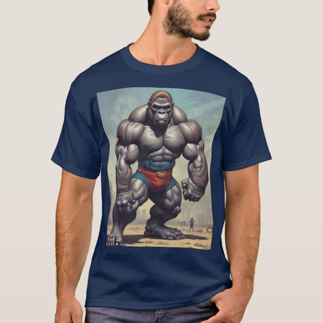 Gorilla BodyBuilder Pop Art Tecknad Teckning T Shirt (Framsida)