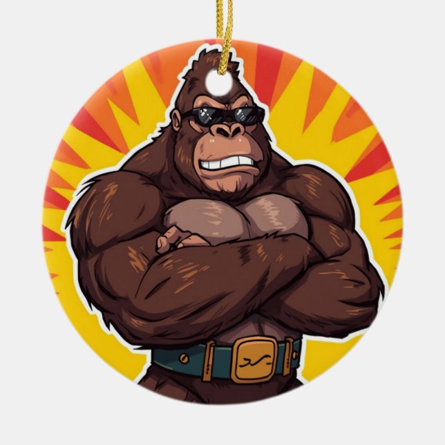 Gorilla Bodybuilder Weight Lifter Pop Art Cartoon Julgransprydnad Keramik (Framsidan)