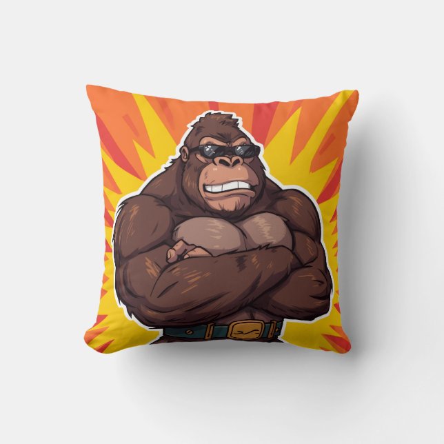 Gorilla Bodybuilder Weight Lifter Pop Art Cartoon Kudde (Framsida)