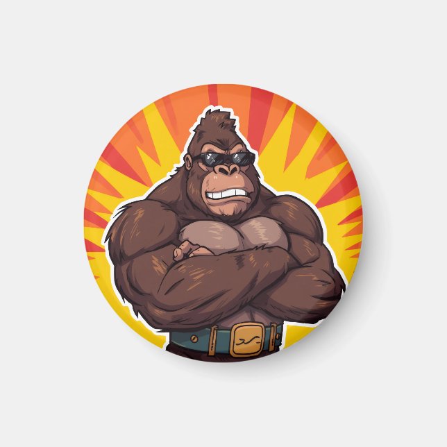 Gorilla Bodybuilder Weight Lifter Pop Art Cartoon Magnet (Framsidan)
