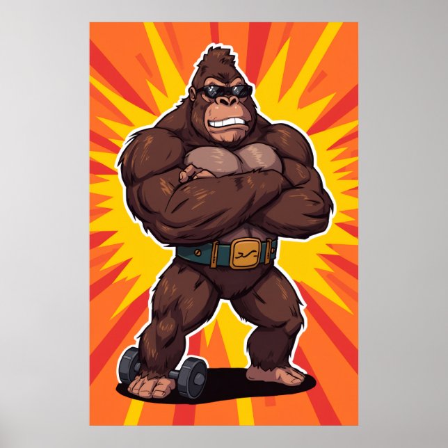 Gorilla Bodybuilder Weight Lifter Pop Art Cartoon Poster (Framsidan)