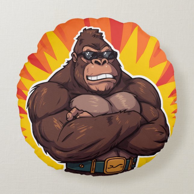 Gorilla Bodybuilder Weight Lifter Pop Art Cartoon Rund Kudde (Framsidan)