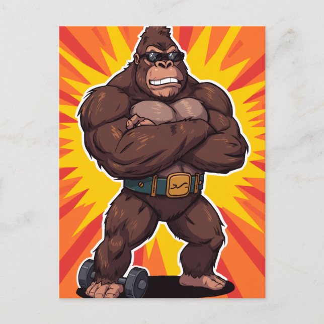 Gorilla Bodybuilder Weight Lifter Pop Art Cartoon Vykort (Framsida)