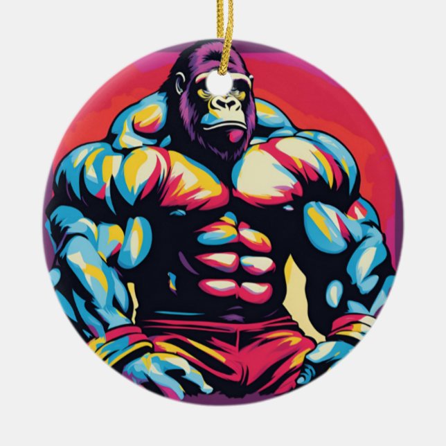 Gorilla Bodybuilding der Lifter Pop Art Tecknad Julgransprydnad Keramik (Framsidan)