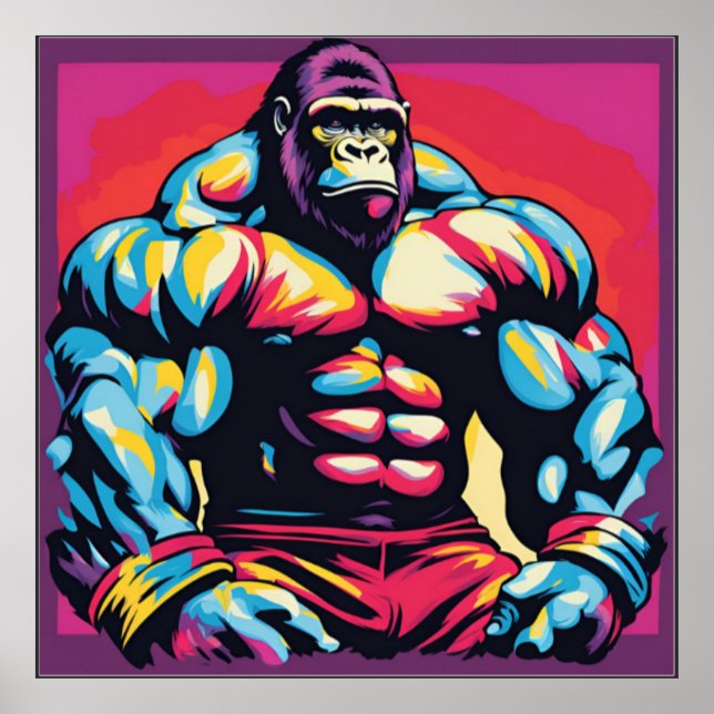 Gorilla Bodybuilding der Lifter Pop Art Tecknad Poster (Framsidan)