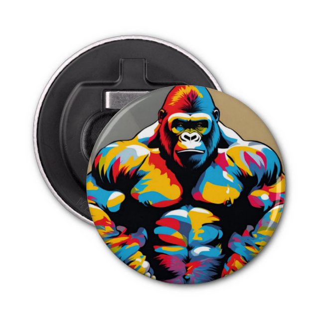 Gorilla Bodybuilding Weight Lifter Pop Art-Tecknad Flasköppnare (Framsidan)