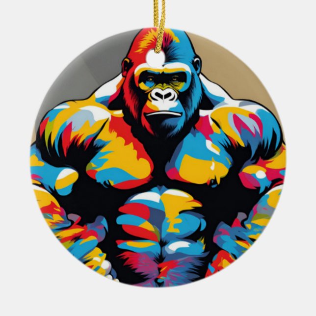 Gorilla Bodybuilding Weight Lifter Pop Art-Tecknad Julgransprydnad Keramik (Framsidan)