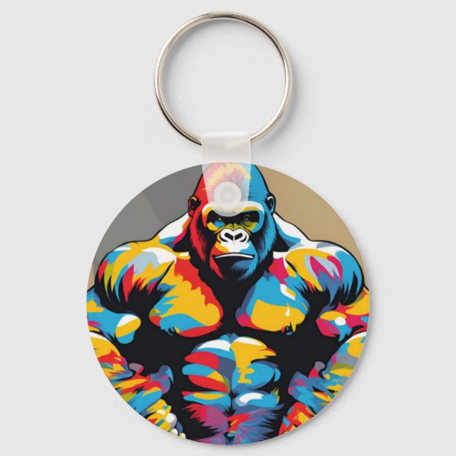 Gorilla Bodybuilding Weight Lifter Pop Art-Tecknad Nyckelring (Framsida)