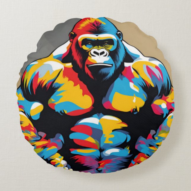 Gorilla Bodybuilding Weight Lifter Pop Art-Tecknad Rund Kudde (Framsidan)