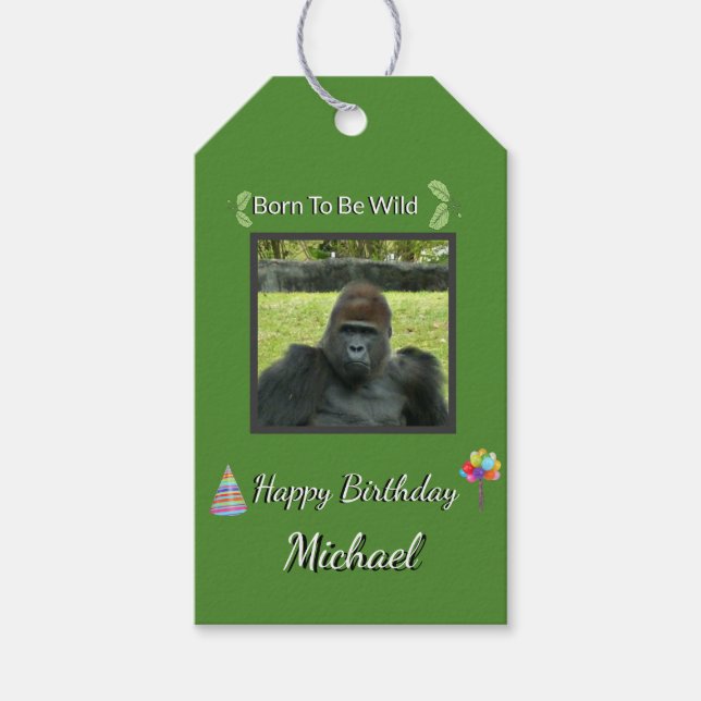 Gorilla Focused Wild Birthday Art Presentetikett (Framsidan)
