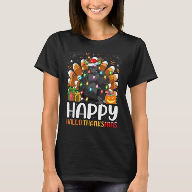 Gorilla Halloween jul Lycklig Hallothanksmas T Shirt (Framsida)