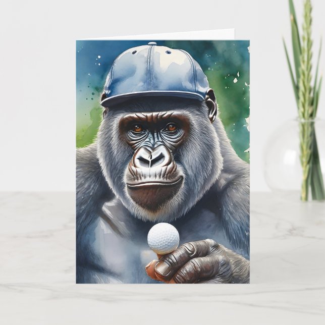 Gorilla i basebollmössa som spelar golf tomt kort (Framsida)