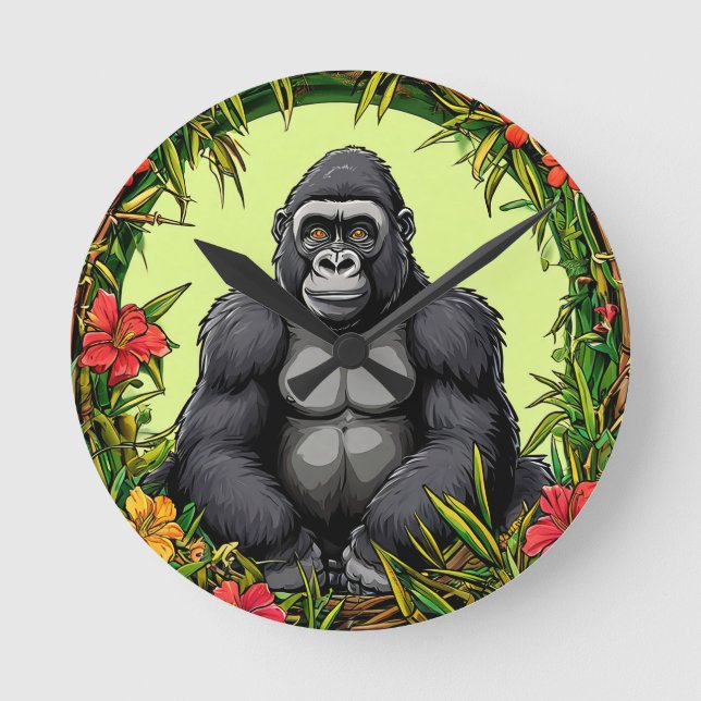 Gorilla i en tropisk bambu ram rund klocka (Framsida)