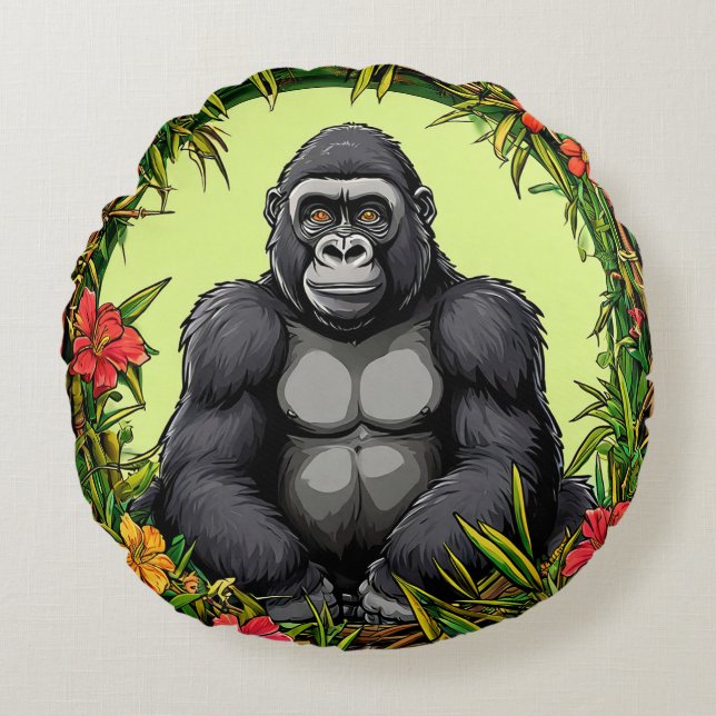 Gorilla i en tropisk bamburam rund kudde (Framsidan)