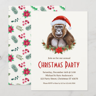 Gorilla i Santa Hat Poinsettias jul Party Inbjudningar