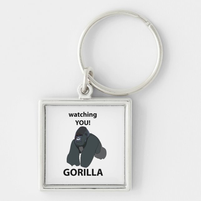 Gorilla iakttar dig rolig gorilla fyrkantig silverfärgad nyckelring (Framsidan)