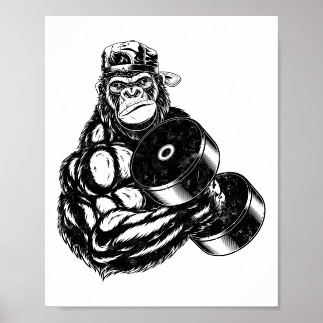 Gorilla kroppsbyggare gym viktlyftning T-shirt trä Poster (Framsidan)