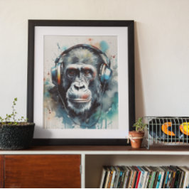 Gorilla lyssnar på hörlurarna poster