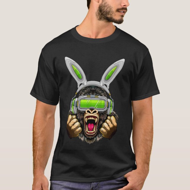 Gorilla med Bunny Öron och VR-glasögon Påsk T Shirt (Framsida)