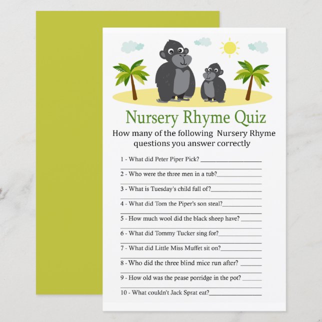 Gorilla Nursery Rhyme Quiz babyduschspel (Fram/baksida)