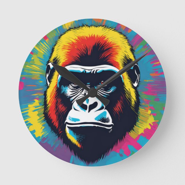 Gorilla Pop Art Tecknad Teckning Rund Klocka (Framsida)