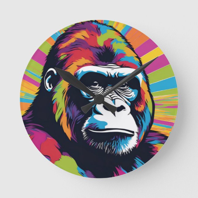 Gorilla Pop Art Tecknad Teckning Rund Klocka (Framsida)