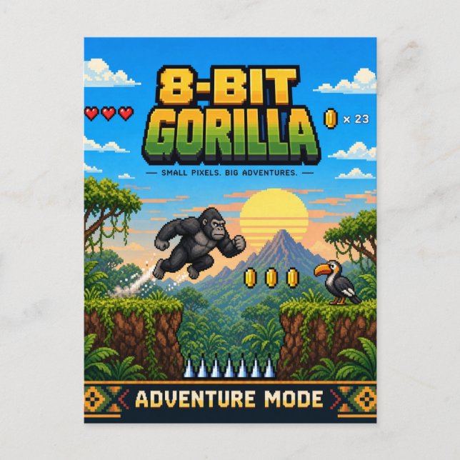 Gorilla, Retro 8-Bit Pixel Art Vykort (Framsida)