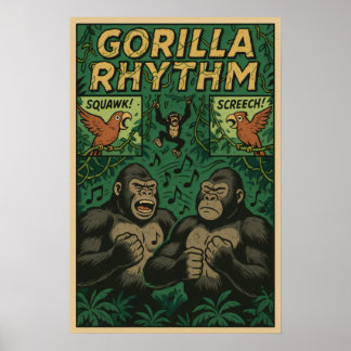 Gorilla Rythm Jungle Comic – Musikalisk Vildliv Poster