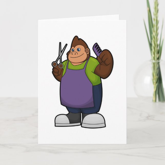 Gorilla som frisör med sax och kam kort (Framsida)