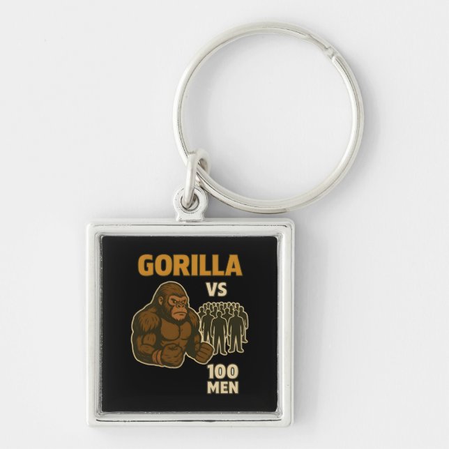 Gorilla vs 100 män episk strid fyrkantig silverfärgad nyckelring (Framsidan)