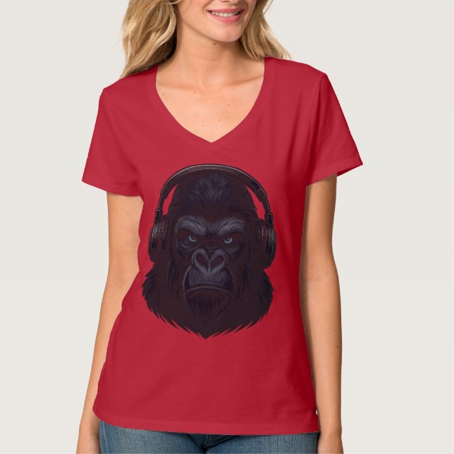 Gorilla with Headphones — Fierce Music Lover  T Shirt (Framsida)