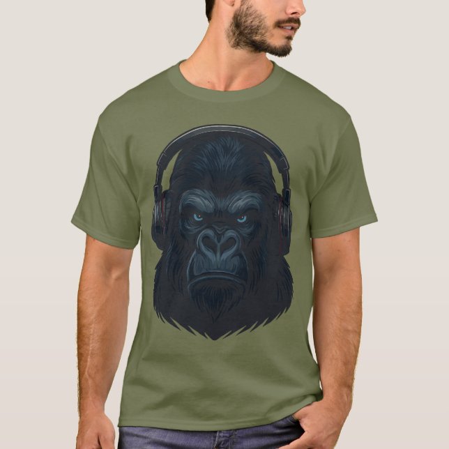Gorilla with Headphones — Fierce Music Lover  T Shirt (Framsida)