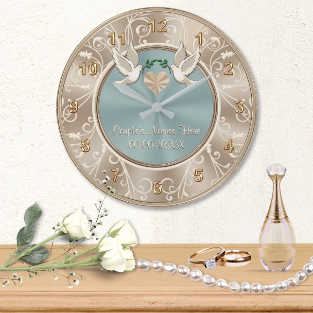 Gort PERSONLIG Bröllop Clock med DIN TEXT Stor Klocka (Personalized wall clock for wedding gift. Love Birds wedding gifts. Elegant wedding gift for friends)