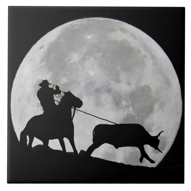 ’Gotcha’ Cowboyand Horse Steer Roping Full Moon Kakelplatta (Framsidan)