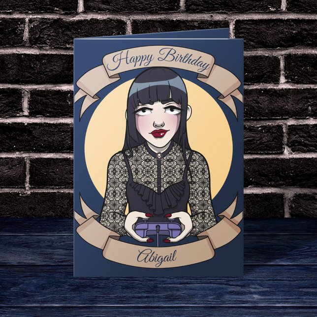 Göteborg Blue Tecknad Gamer Girl Birthday Card Kort (Mockup of card in dark room)