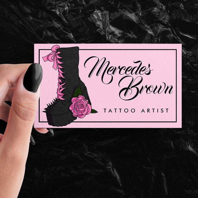 Göteborg Script Boot Rosa Tattoo Artist Visitkort (Gothic Script Boot Pink Tattoo Artist Business Card)
