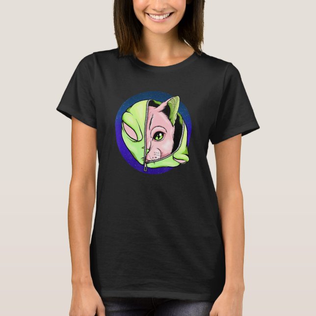 Goth Alien Cat Shapeshifter Vaporwave T Shirt (Framsida)