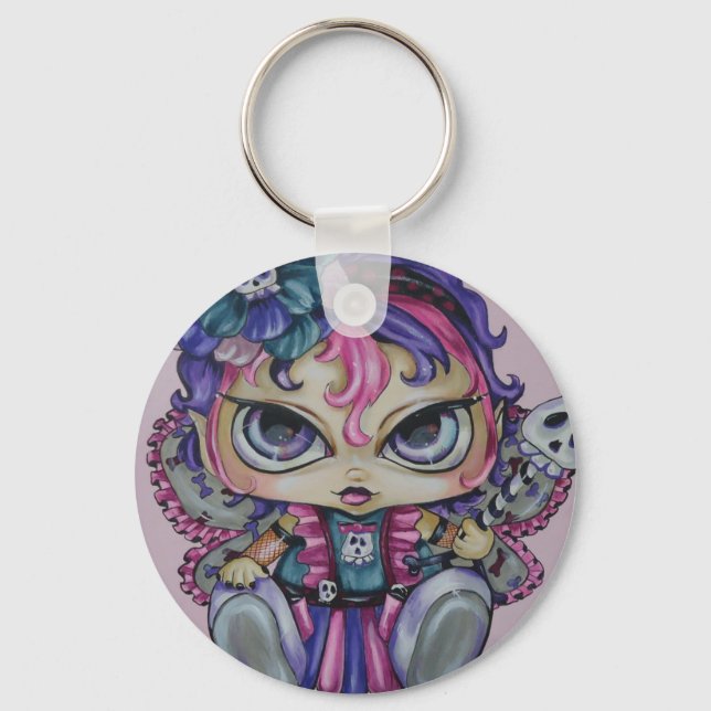 Goth Baby Fae Skull Big Eyed Fantasy Art Keychain Nyckelring (Framsida)